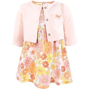 Hudson Baby Infant and Toddler Girls Cotton Dress and Cardigan Set (9-12 Months, Peach Love and Flowers)