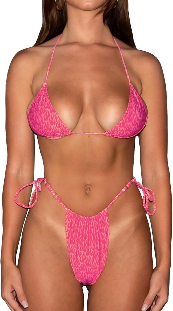 Women Halter String Bikini Flame Printed Two Piece Swimsuit Triangle Sets Spaghetti Strap Tie Swimwear (Pink, M)