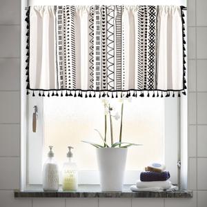 RYNGHIPY Cotton Linen Boho Curtains with Tassels Black and Ivory Striped Curtains Valances for Windows Farmhouse Window Treatment for Kitchen Bathroom, Black and Ivory, 55"W x 36"L (Pack of 1)