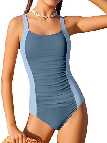 BAVEDER Girls Swimsuit One Piece Swimsuits Solid Ruched Bathing Suit for Girls Full Coverage Modest Padded Swimwear 13-14Y