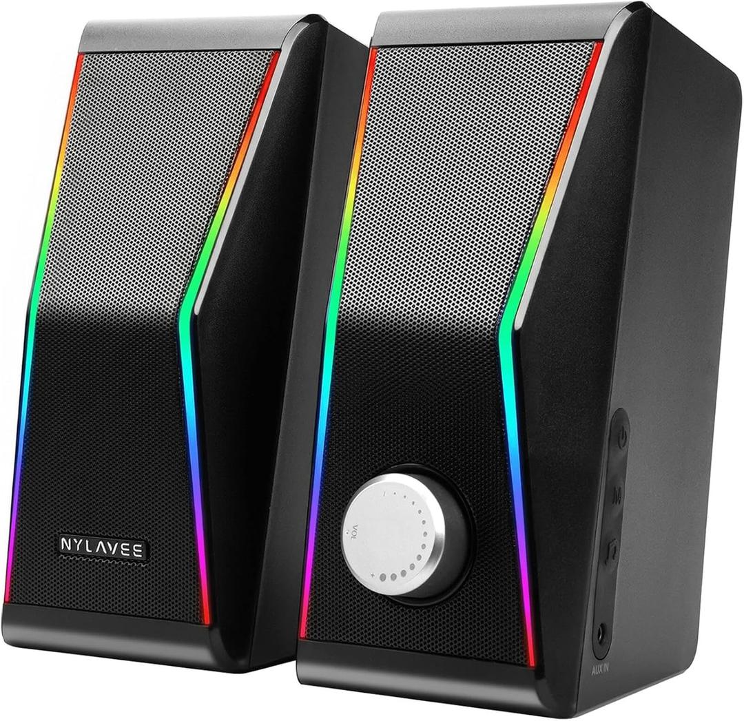 Nylavee Computer Speakers, Hi-Fi Stereo Sound PC Speakers with Bluetooth 5.0 and 3.5mm AUX-in, 14W AC Powered, Built-in Equalizer Modes and RGB Lights for Desktop PC, Monitor, Laptop, PS5, Xbox