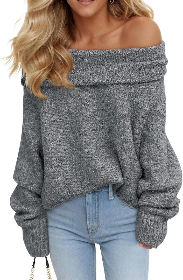 Saodimallsu Womens Off The Shoulder Sweaters Oversized Long Sleeve Loose Ribbed Knit Fall Trendy Pullover Tops (XX-Large, Gray)
