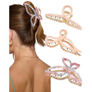HAIMEIKANG 3 PCs Metal Acrylic Hair Bow Claw Clips - Strong Hold Non-Slip Large Gold Clips for Thick Hair (Pink Set)