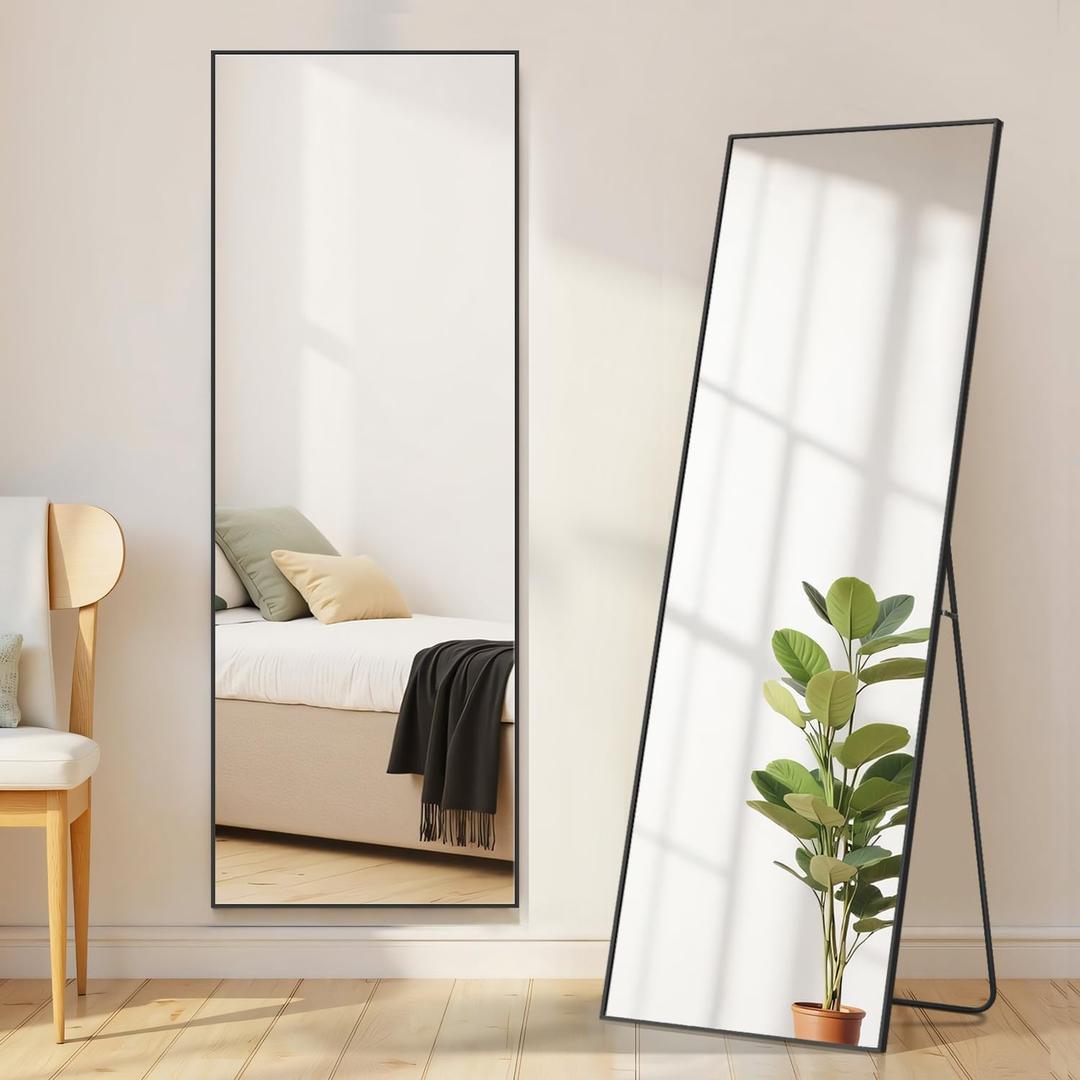 Mirror Full Length, Upgraded Body Wall Mirrors with Shatter-Proof Glass, Floor Standing, Hanging or Leaning, Tall Mirror with Stand Aluminum Alloy Frame for Bedroom Cloakroom (59"L x 16"W, Black)