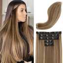 REECHO Clip in Hair Extensions, Hair Extensions Thick Long Lace Weft Lightweight Synthetic Hairpieces for Women (24 Inch-240 Gram(Pack of 5), Chocolate Brown with Golden Blonde Highlights)