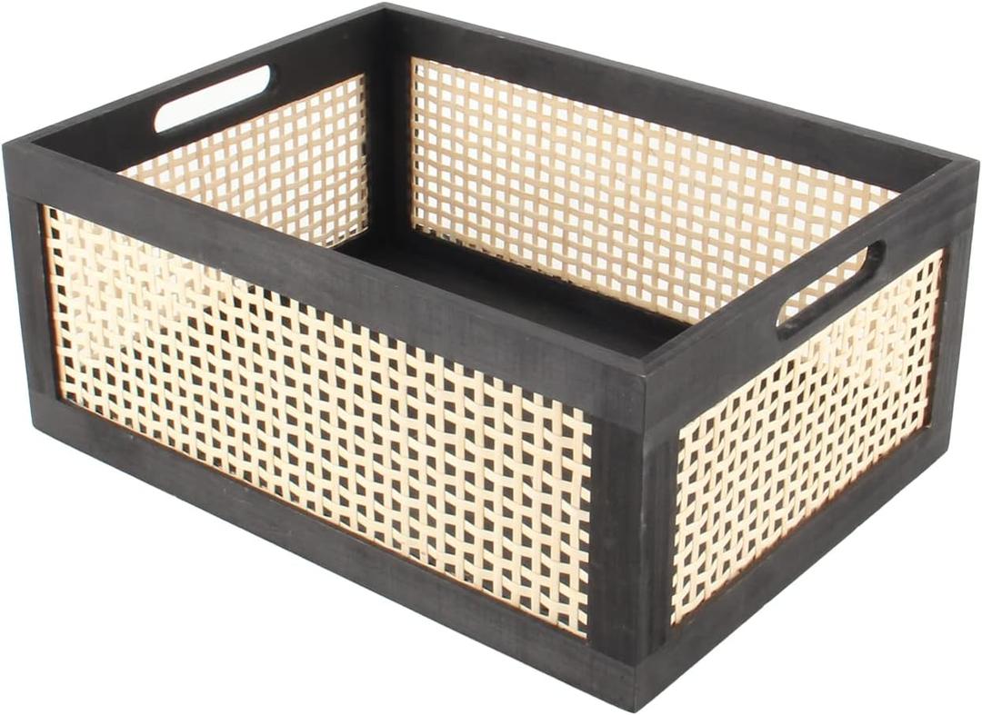 Black Wooden Basket, Rattan Storage Basket for Organizing, 14.96"x11.02"x6.30" (Large (Set of 1))