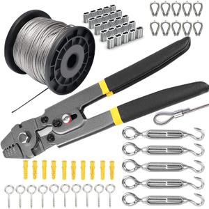 Turnbuckle Kit & Wire Rope Crimping Tool, 100ft Vinyl Coated Aircraft Cable (1/16 Inch Overmolded to 5/64 Inch) - Guy Wire Tensioner for Garden String Light, Picture, Clothes Hanging