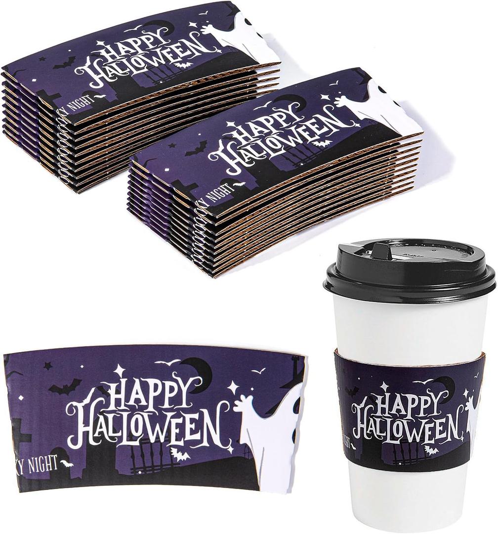 20 Pcs Halloween Coffee Cups Sleeves, Disposable Paper Cup Sleeves Halloween Coffee Sleeves for 12oz 16oz Hot Chocolate Coffee Tea or Cold Beverage (Black)