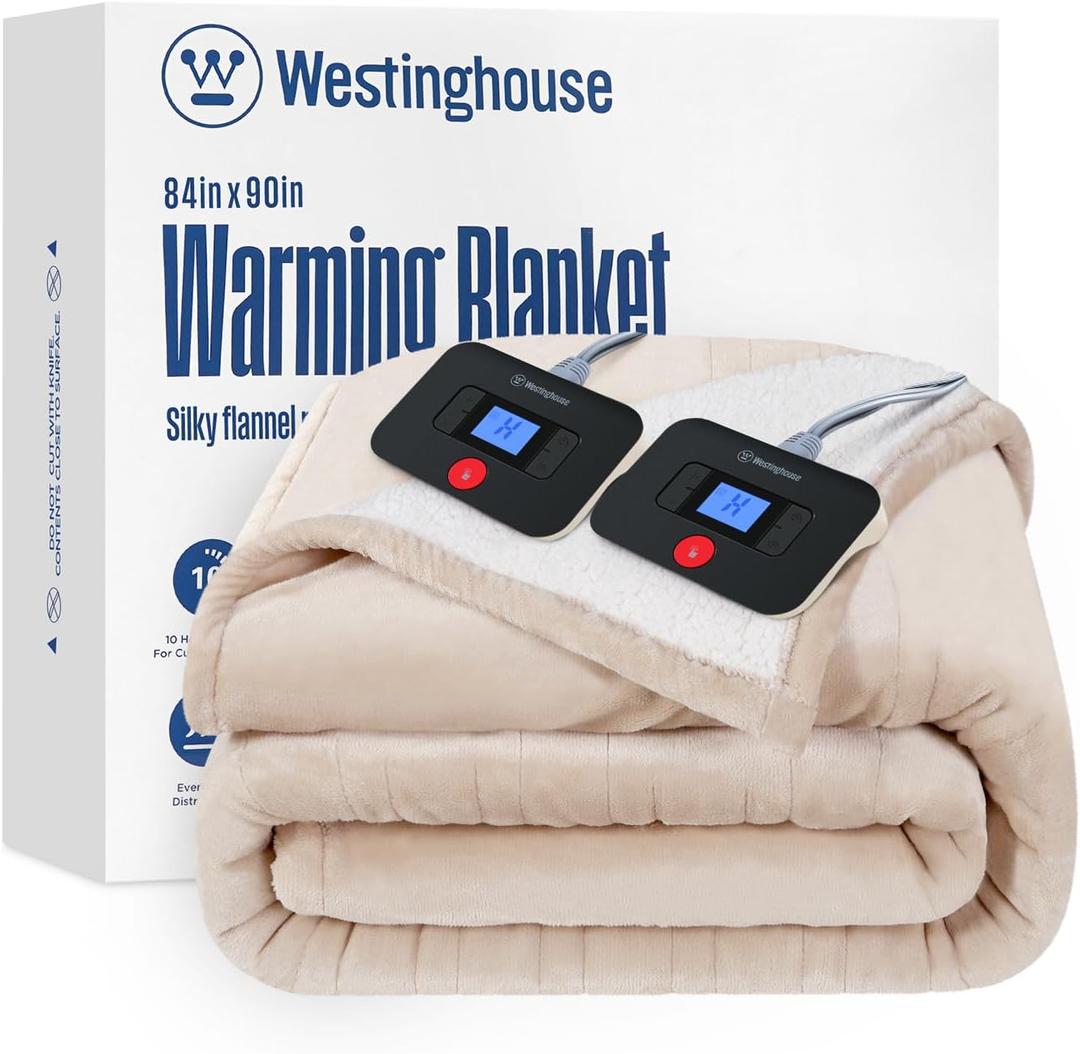 Westinghouse Electric Blanket Queen, Heated Blanket Queen Size with 10 Heating Levels and 1 to 12 Hours Heating Time Settings, Flannel to Sherpa Reversible, Machine Washable (84" x 90", Beige)