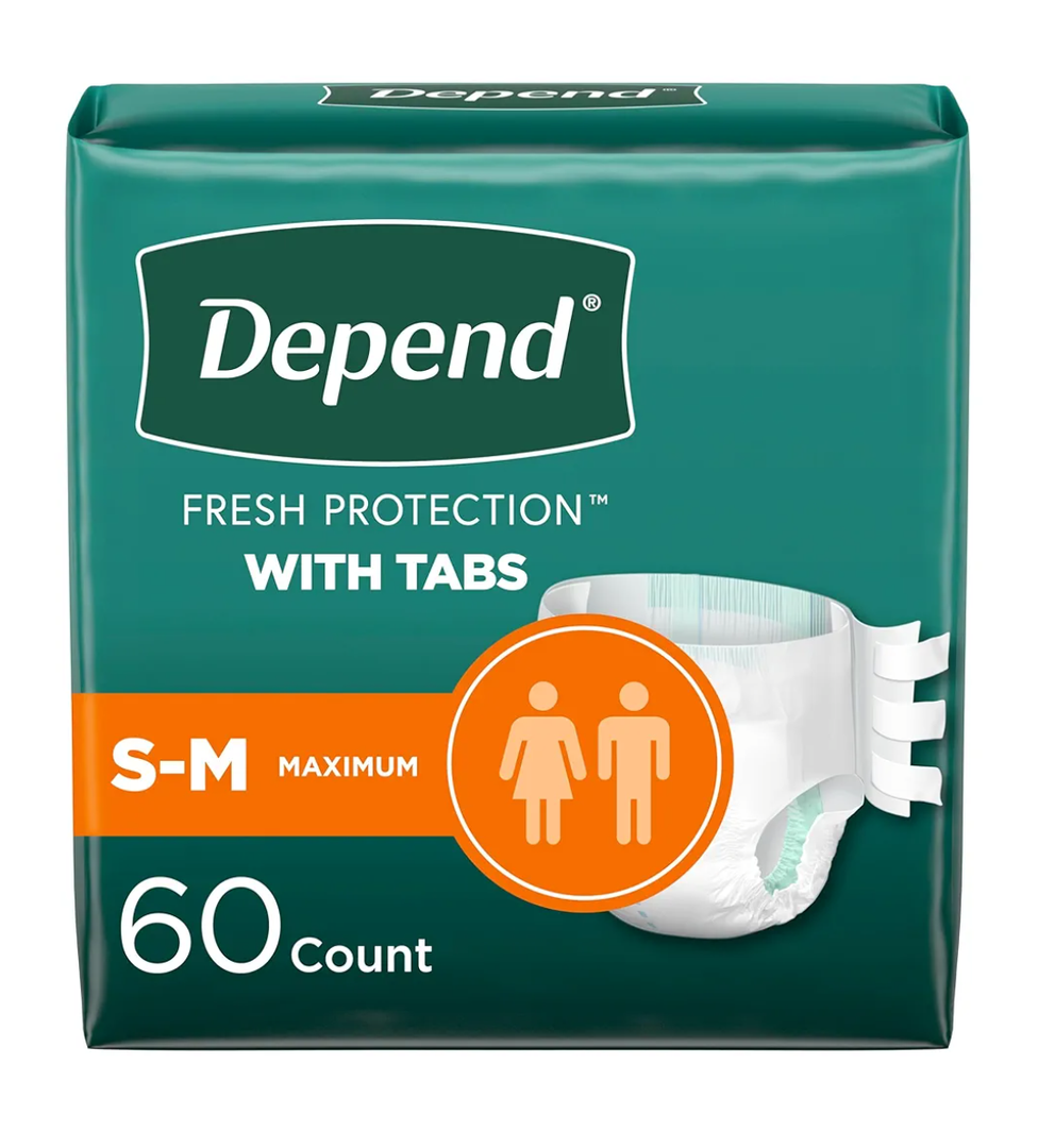 Depend Incontinence Protection with Tabs, Unisex, Small/Medium (19–34" Waist, Up To 170 lbs), Maximum Absorbency, 60 Count (3 Packs of 20)