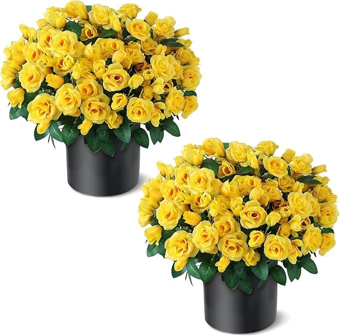 Juxdp 2 Set of Artificial Rose Topiary Trees  Faux Silk Flower Potted Plant, UV Resistant Fake Outdoor Rose Bush for Front Door, Farmhouse, Porch, Garden Decor (Yellow)