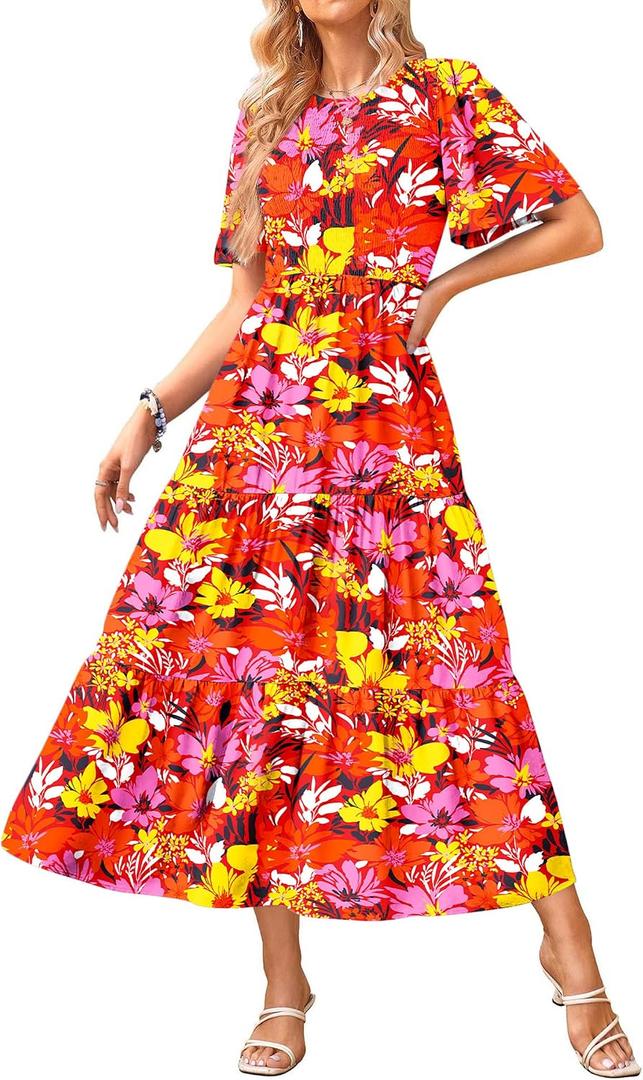 KIRUNDO Summer Dresses for Women 2026 Spring Casual Flutter Short Sleeve Wedding Guest Smocked Flowy Tiered Aline Midi Dress (XL)
