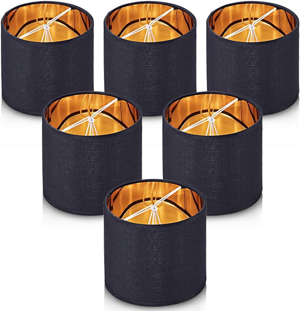 Wellmet Lamp Shades,Small Chandelier Shades ONLY for Candle Bulbs,Clipon Drum Lampshades,Set of 6, 5.5"x 5.5"x5",Black Gold