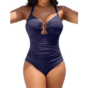Blooming Jelly Womens One Piece Swimsuit Slimming Tummy Control Bathing Suit Shapewear Full Coverage Swim Suits (Large, Navy Blue)