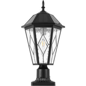 Solar Post Light Outdoor, Dusk to Dawn Vintage Post Lamp with Pier Mount Base, Wireless Black Waterproof Fence Pole Light with Art Glass for Garden Yard Patio Entryway, Head+Base
