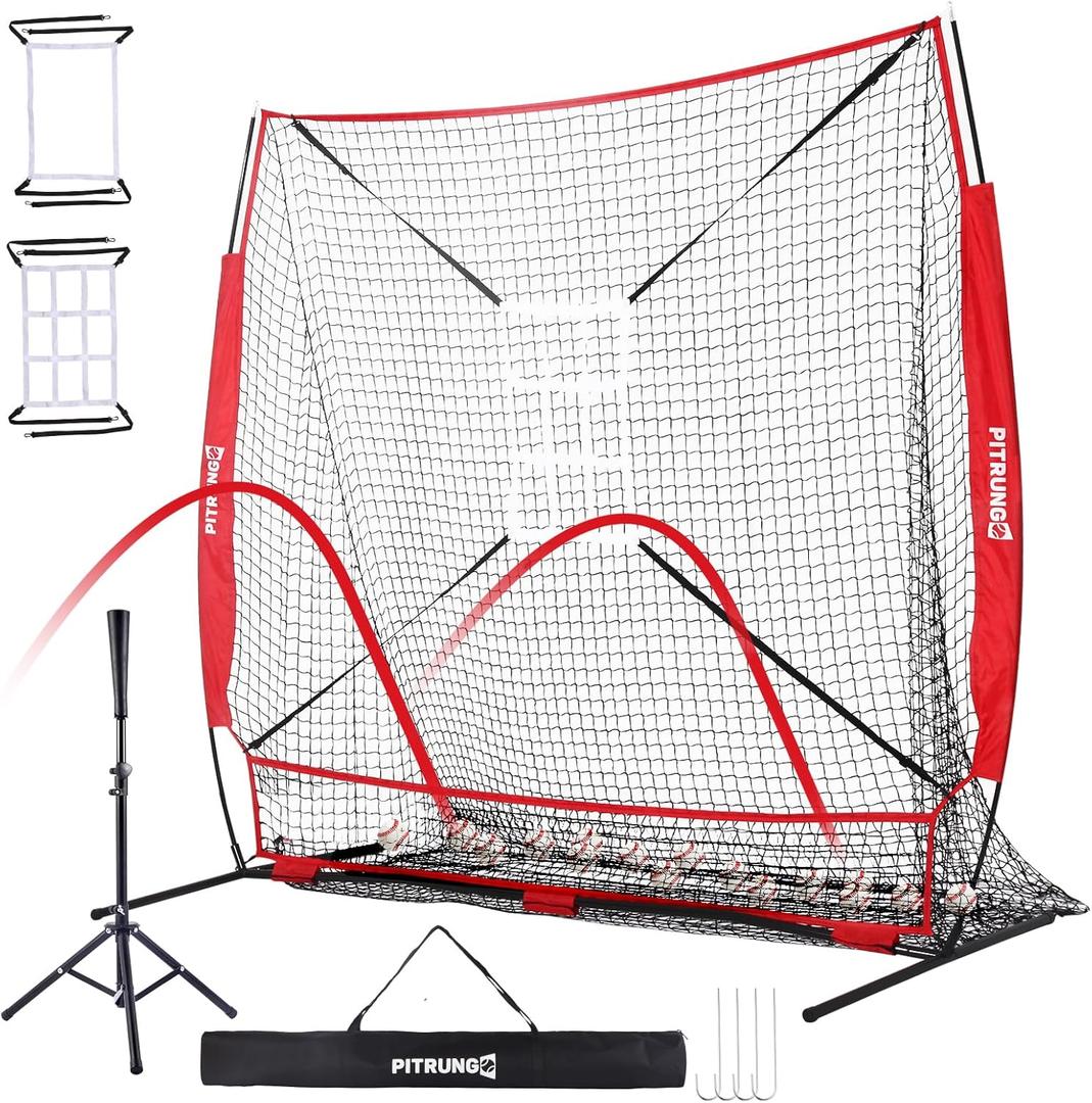Baseball Softball Tee Batting Tee for Hitting T tee Ball Set Stand Baseball Softball Hitting Pitching Screen Net for Kids Teens Batting Net Set Training Equipment W/Carry Bag for Outdoor