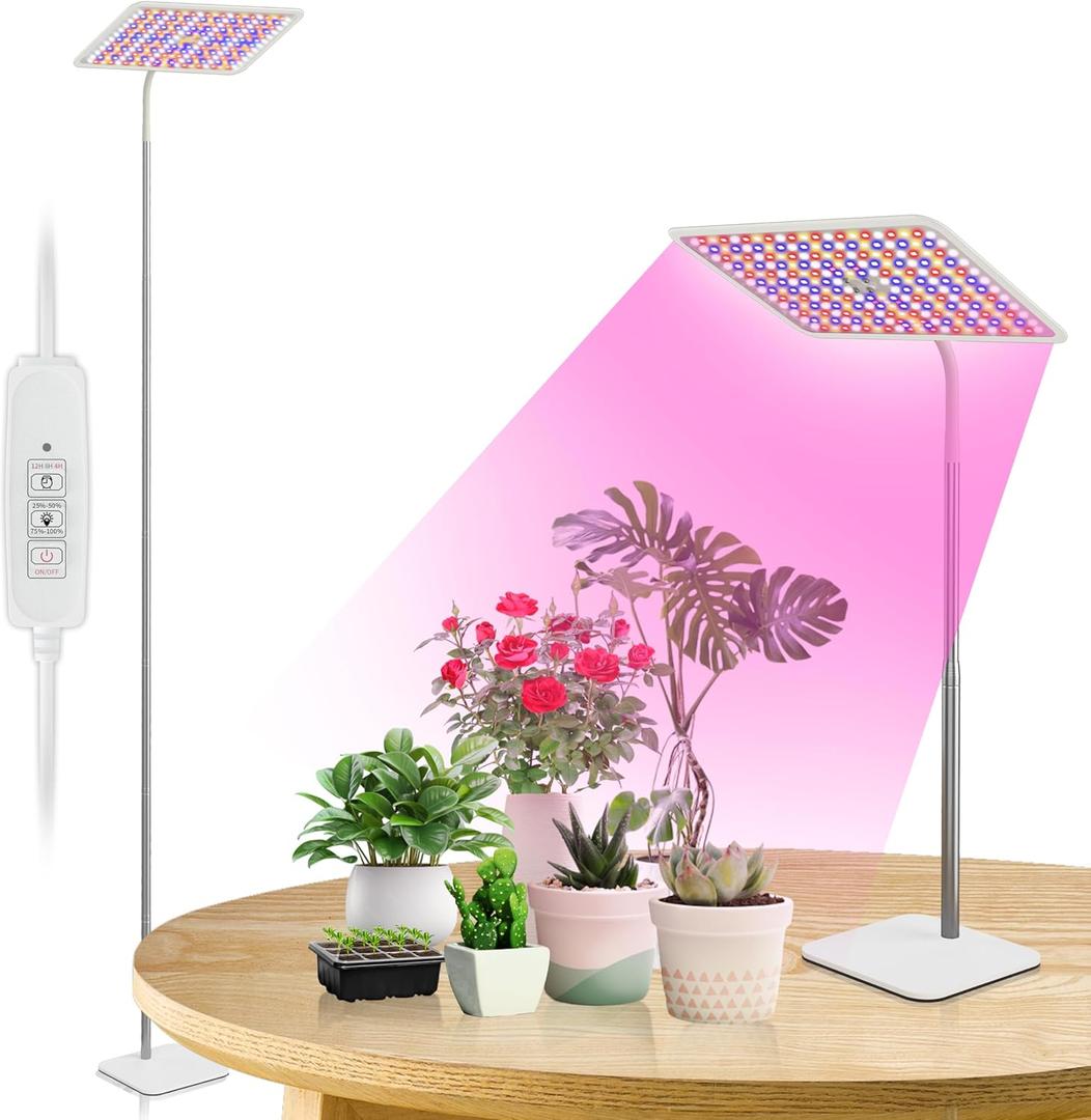 KINGPLUS Grow Lights with Stand, Full Spectrum Growing Light for Indoor Plants, 120 LEDs, 4 Dimmable Levels, Timer 4/8/12h, 1260inches Height Adjustable,18w, Ideal for Desk Small Plants