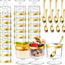 DI QIU REN 120 Pcs 5oz Dessert Cups with Golden Spoon, Plastic Dessert Parfait Cup Clear Appetizer Pudding Cup, Round Serving Goblet Cups Shot Glasse (Round Goblet with Gold Rim-60Pack)