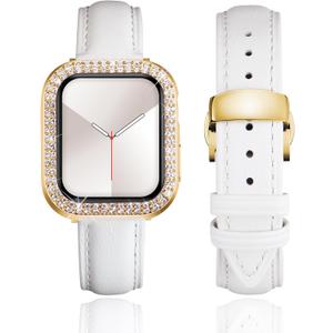 BINLUN Leather Band Compatible with Apple Watch 46mm 45mm 44mm 42mm 41mm 40mm Women Leather Strap with Glitter Diamond Case Compatible with iWatch Series 11/10/9/8/7/SE3/SE2/SE/6/5/4 (White-Gold)