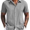 COOFANDY Mens Casual Button Down Short Sleeve Shirts Cuban Camp Guayabera Beach Tops, Light Grey, Small