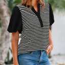 BTFBM Puff Sleeve Tops for Women Dressy Summer Vacation Outfits 2025 V Neck Casual Button Up Shirts Loose Striped Blouse (S)