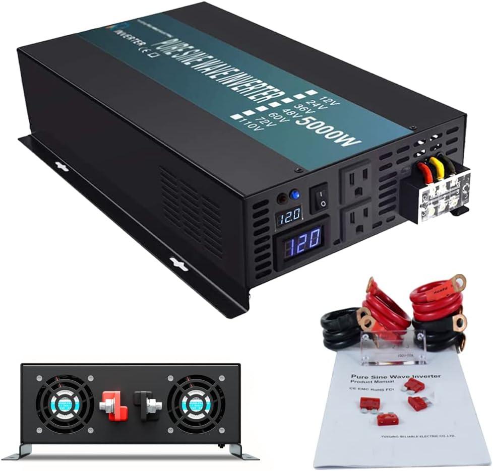 WZRELB RBP-500012S Pure Sine Wave 5000W (10000W Surge) 12V Power Inverter DC to AC Power - Solar, RV, Black