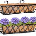 HFHOME 24 inch 2 Pack Railing Planter Boxes, Heavy Duty Window Box Planters, Adjustable Balcony Planters for Railing Hanging, with Coco Liner & Support Rod for Deck, Porch, and Patio Gardening
