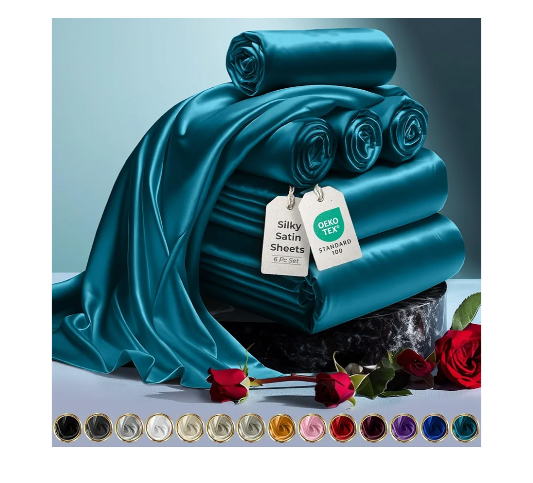 DECOLURE Satin Bed Sheets - 6 Piece Luxury Silky King Size Bedding Set - Softer Than Silk, Wrinkle-Free with 15” Deep Pocket Fitted Sheet, Perfect for Hair & Skin, Gifts for Women Sea Teal