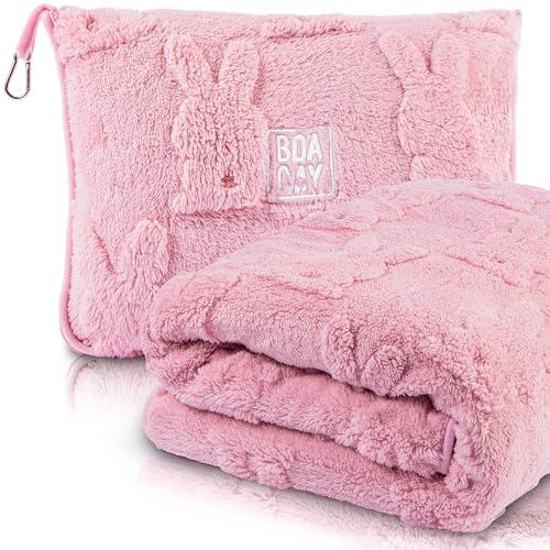BOACAY Travel Toddler Blanket for Airplane, Car - Soft Kids Throw Blanket for Daycare - Pillow for Girls, Boys with Backpack Clip, Luggage Sleeve