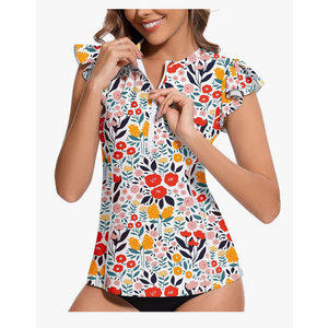 WOWENY Women’s Swim Shirts Rash Guard UPF 50 Sun Protection Zipper Tankini Tops Ruffle Sleeve Bathing Suit No Bottom (Floral, L)