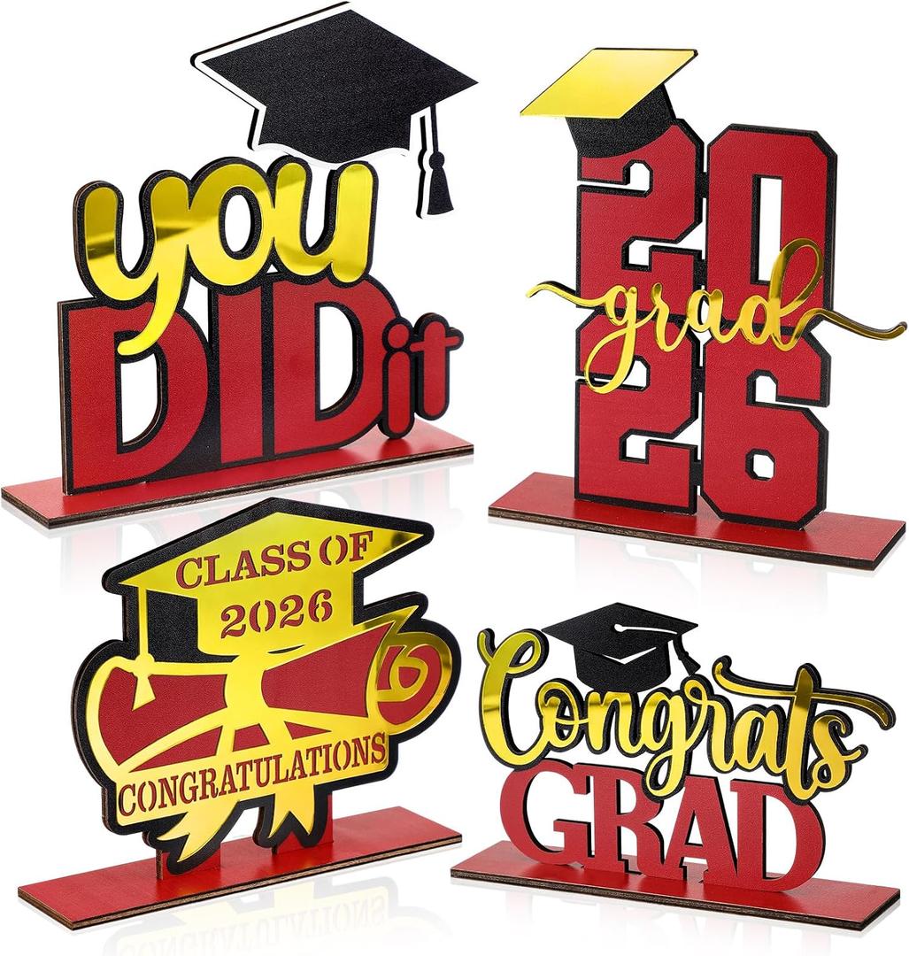 4 Pcs Red and Gold Graduation Decorations Class of 2026 Congrats Grad Centerpieces Mirrored Wooden Table Sign for High School College Photo Booth Props Graduations Party Favors