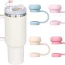 4 x HEYSKAY 4PCS 10MM Silicone Straw Cover Cap for Stanley Cup 30/40oz, Reusable Toppers for Tumblers With Handle, Simple Modern Straw Caps (4PCS Basic Straw Cover-Cream Pomelo/Rose Quartz/Blue/Pink)