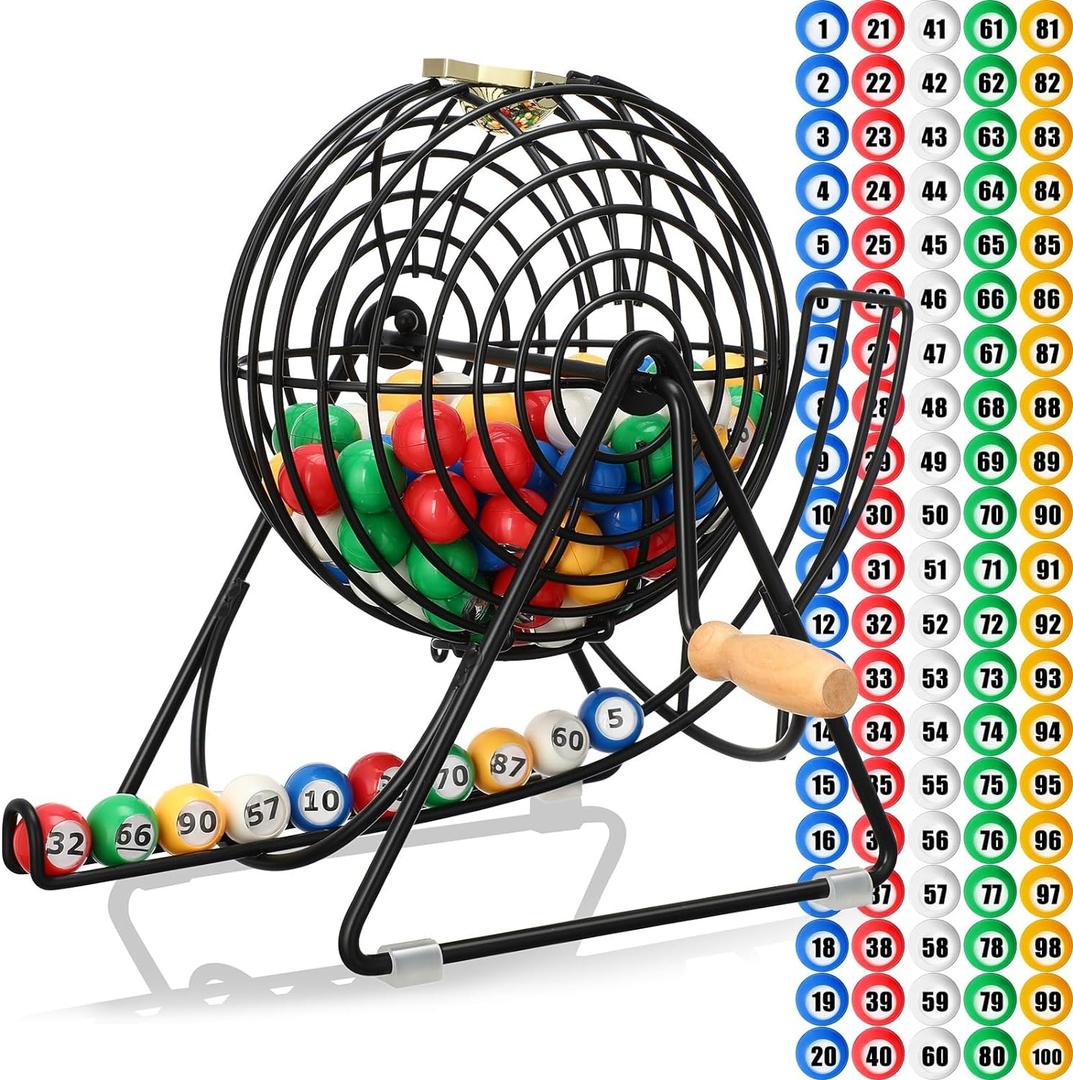 Poen 101 Pcs 1-100 Numbers Lottery Bingo Game Set Include 12 Inch Cage 0.9 Inch Window Balls Raffle for Game Night, Large Group Activities, Excluding Bingo Board (Multicolor)