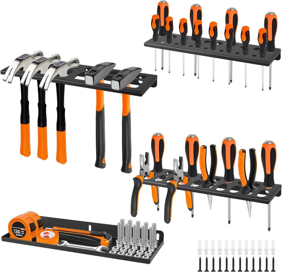 Wall Mount Hand Tool Storage Racks, Screwdriver Organizer, Pliers Holder, Hammer Rack, Metal Storage Shelf, Hand Tool Organizer for Garage, Workshop, Shed, Set of 4