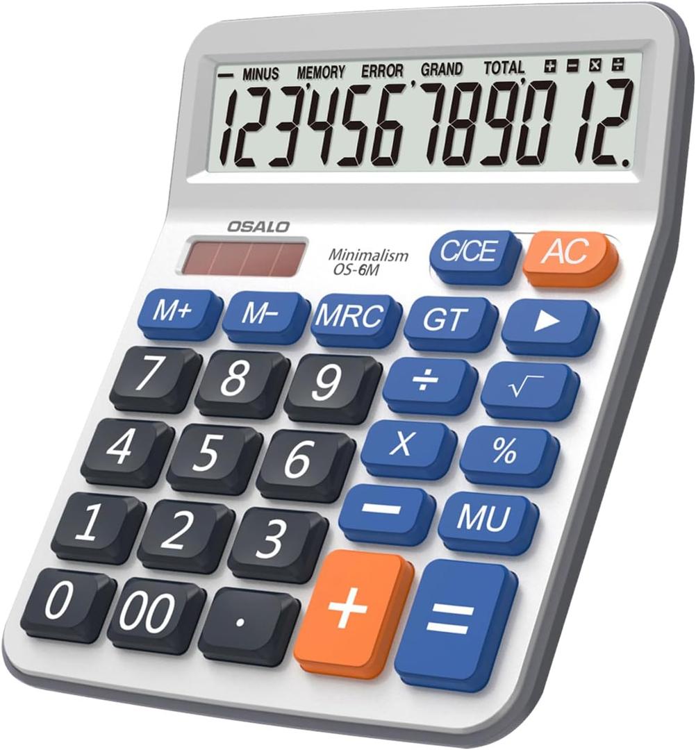 Desktop Calculator Large LCD Display 12 Digit Number Handheld Portable Pocket Basic Calculator with Big Soft Sensitive Button, Battery and Solar Powered, for Office Home School Use (OS-6M)