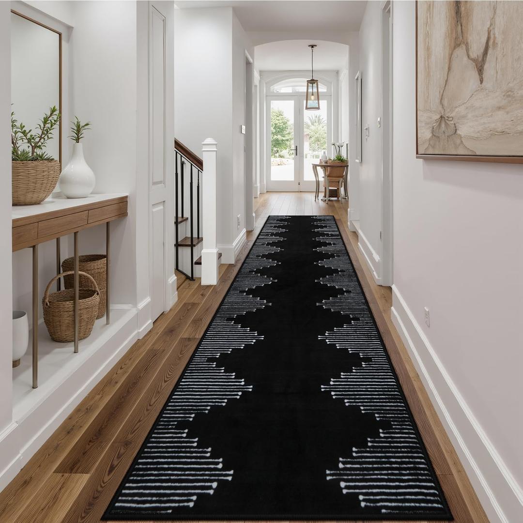Seavish Runners for Hallways Non Slip 2.6x10 Low Pile Soft Black Carpet Runners Modern Geometric Faux Wool Entryway Rugs Indoor Decor Non Shedding Neutral Rugs for Entrance Kitchen Foyer Living Room