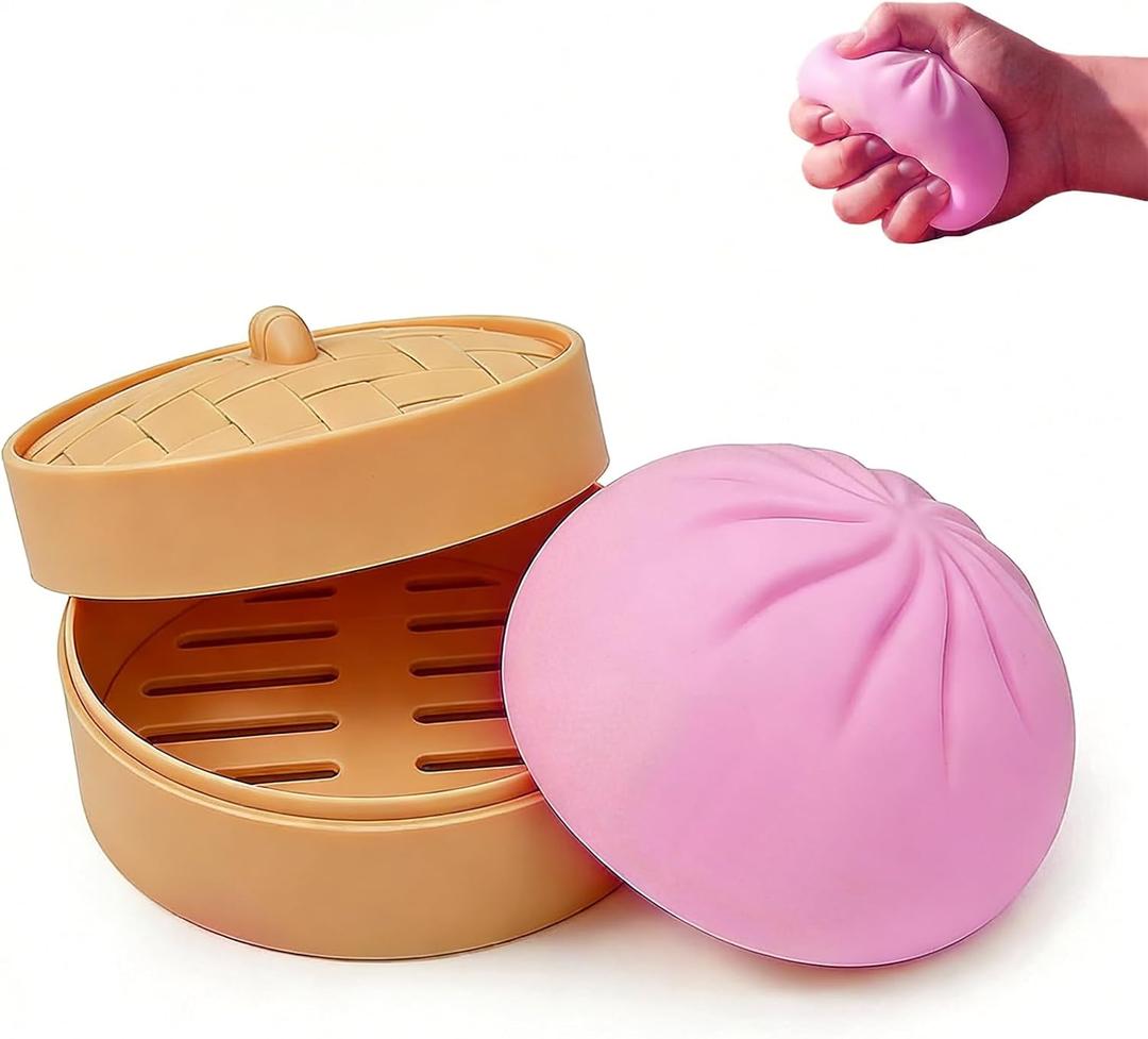 Dumpling Squishy Stress Relief Desk Fidget, Jumbo Soft Squeeze Decompression Squishy with Steamer Box for Office, Home Desk Decor(Purple)