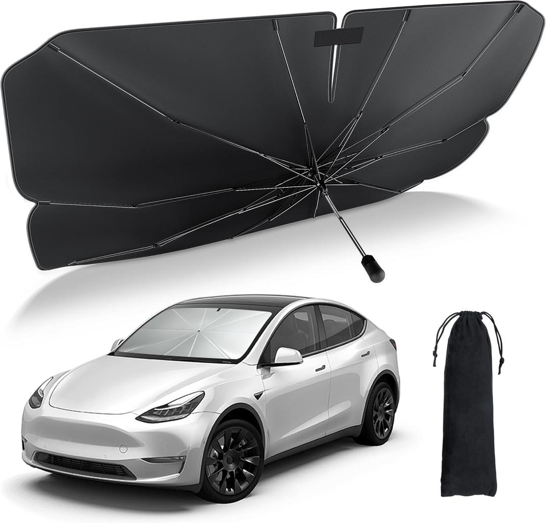 Uireefly Tesla Model Y & 3 Windshield Sun Shade Umbrella, Foldable Sunshade to Keep Cool, Professional Accessories for 2016-2024 Models, Black