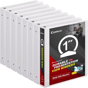 COMIX Sturdy 3 Ring Binder 1 inch with Clear View Cover, 1" Round Ring View Binder, PVC-Free, 2.4mm-Thick, 200 Sheets Capacity of US Letter Size Paper, Office School Supplies, 8 Pack (White)