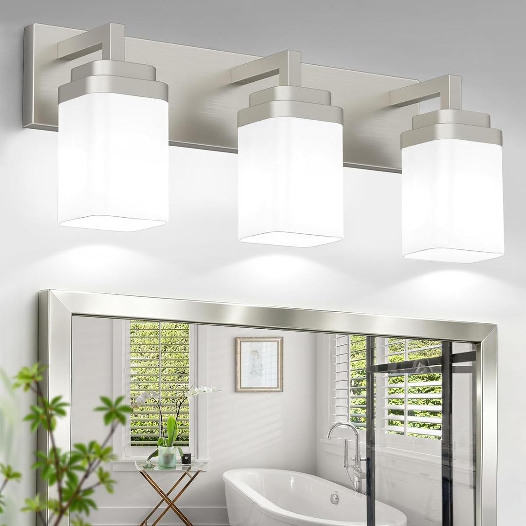 Brushed Nickel Bathroom Light Fixtures, Modern Vanity Lights with White Glass Lamp Shade, Bathroom Lighting Fixtures Over Mirror, Restroom Vanity Lighting Fixture, 3-Light 22 Inch
