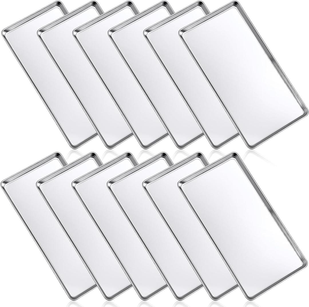 Mimorou 12 Pcs Baking Sheet Stainless Steel Cookie Sheet Small Metal Pans Professional Rectangle Oven Trays Kitchen Baking Cooking Oven and Toaster, Dishwasher Safe (13.5 x 8.4 Inches)