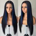 Blue Highlight Synthetic Lace Front Glueless Wig Long Straight Wigs for Women Pre Plucked with Baby Hair 26 Inch Midnight Blue Color Forehead Synthetic Lace Front