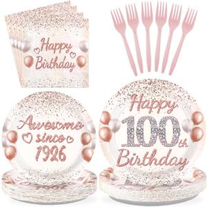 96 Pcs 100th Birthday Party Supplies for Women Rose Gold 100 Years Old Paper Plates and Napkins Tableware Set Disposable 100th Birthday Decorations for Women 100 Years Old Party Serves 24