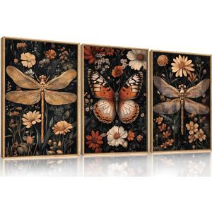 Large Vintage Butterfly and Dragonfly Wall Decor Framed Canvas Wall Art, Retro Blossom Leaf Wall Decor, Dark Insect Plant Artwork, Moody Animal Floral Art Print for Living Room, Bedroom-16 x24 x3