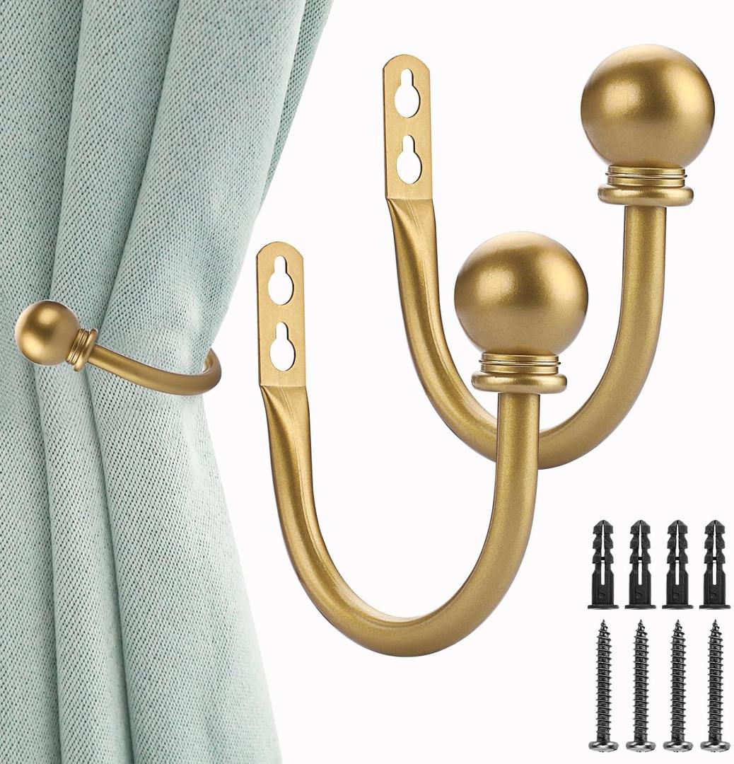 Sumnacon Set of 2 Decorative Curtain Holdbacks, Wall Mounted Aluminum Alloy Window Drapery Tiebacks for Bedroom, Livingroom Office Come with Screws, Gold