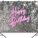 7x5 FT Happy Birthday Backdrop Girls Women Party Pink and Silver Birthday Decorations Pink Happy Banner Shining Shimmer Wall Background Photo Studio Props (Not Real Glitter)