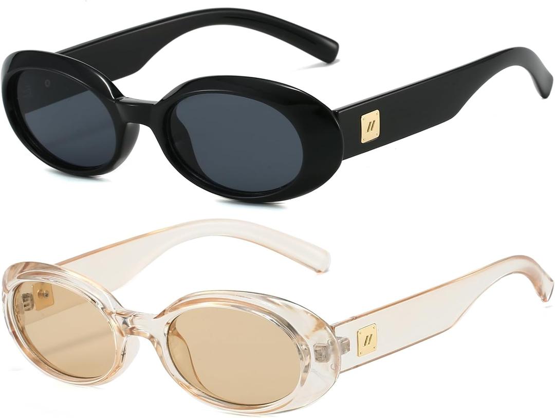 PORADAY Modern Oval Sunglasses for Women Trendy Retro 90s Oval Sunnie Vintage Narrow Round Shades (Black/Grey+ Champagne)