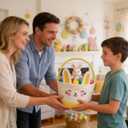 Easter Basket with Handle, Bunny Design for Boys and Girls, Egg Hunt Gift Basket (Yellow white)