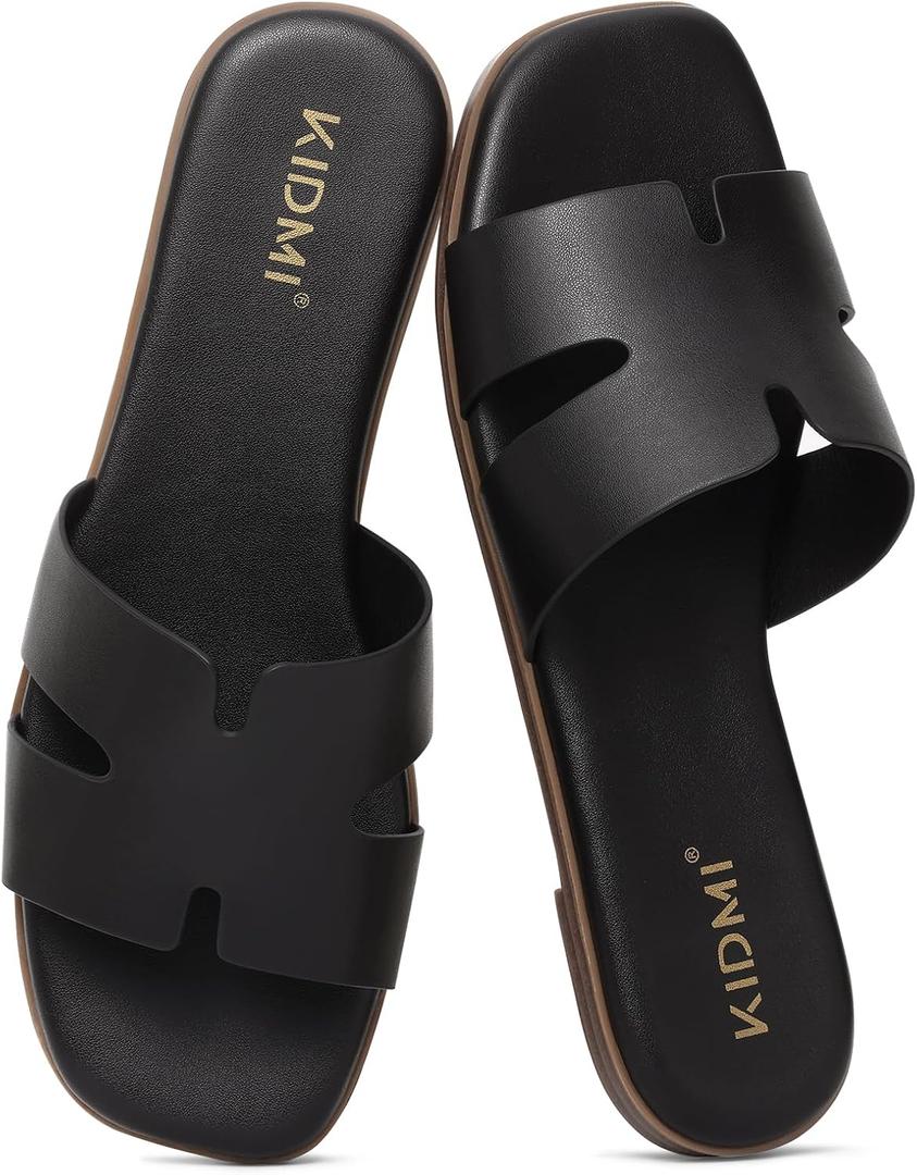 KIDMI Women's Dressy Flat Sandals, Comfortable Slip On Summer Slides, Fashion Open Toe Casual Sandals, Black, Size 6