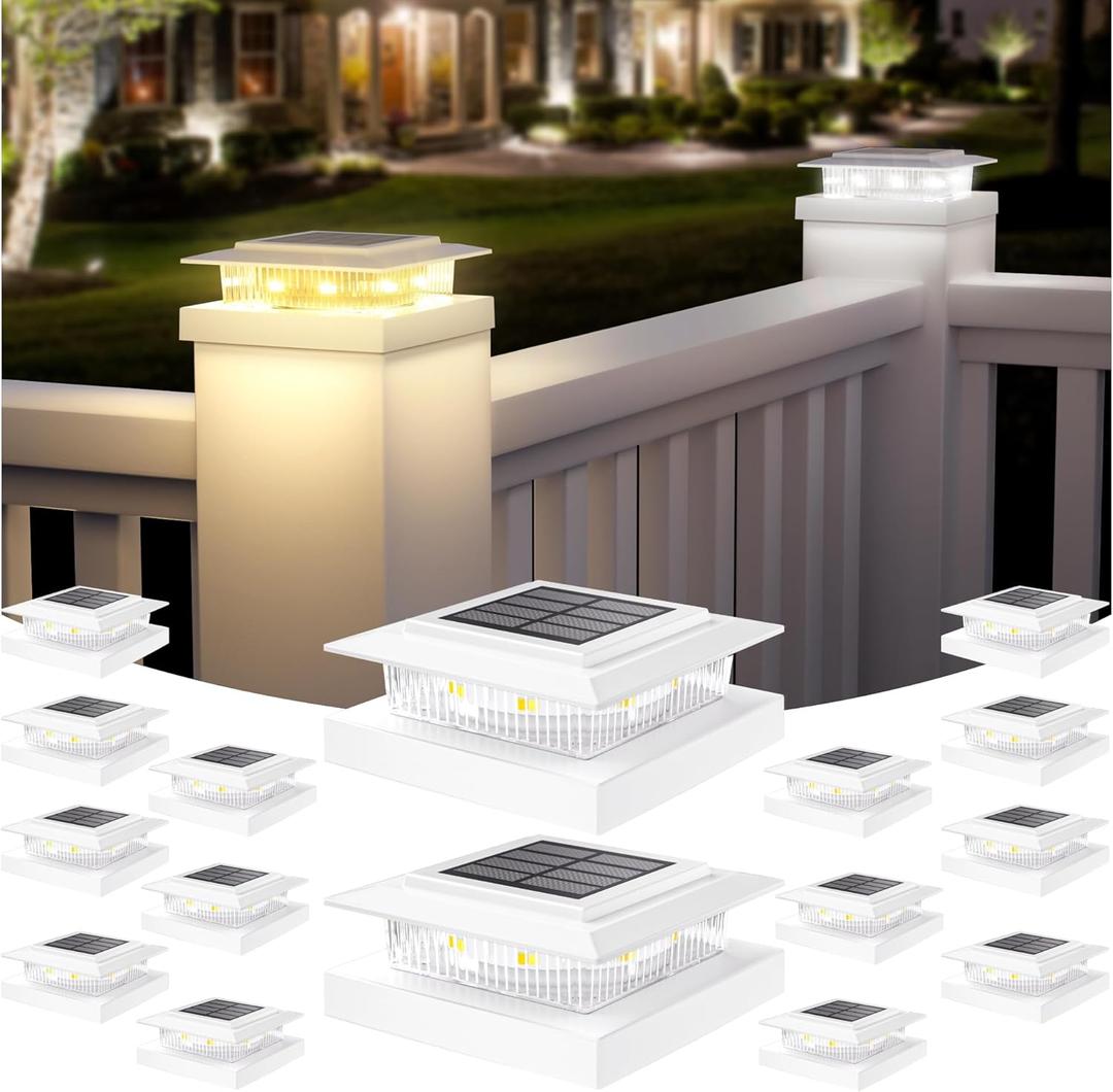 APONUO Solar Post Cap Lights for 4x4 5x5 Fence Posts, IP64 Waterproof Outdoor LED Deck Lights with 2 Modes (Warm White & Cool White), Auto On/Off Dusk to Dawn, Easy Install, White, 16 Pack